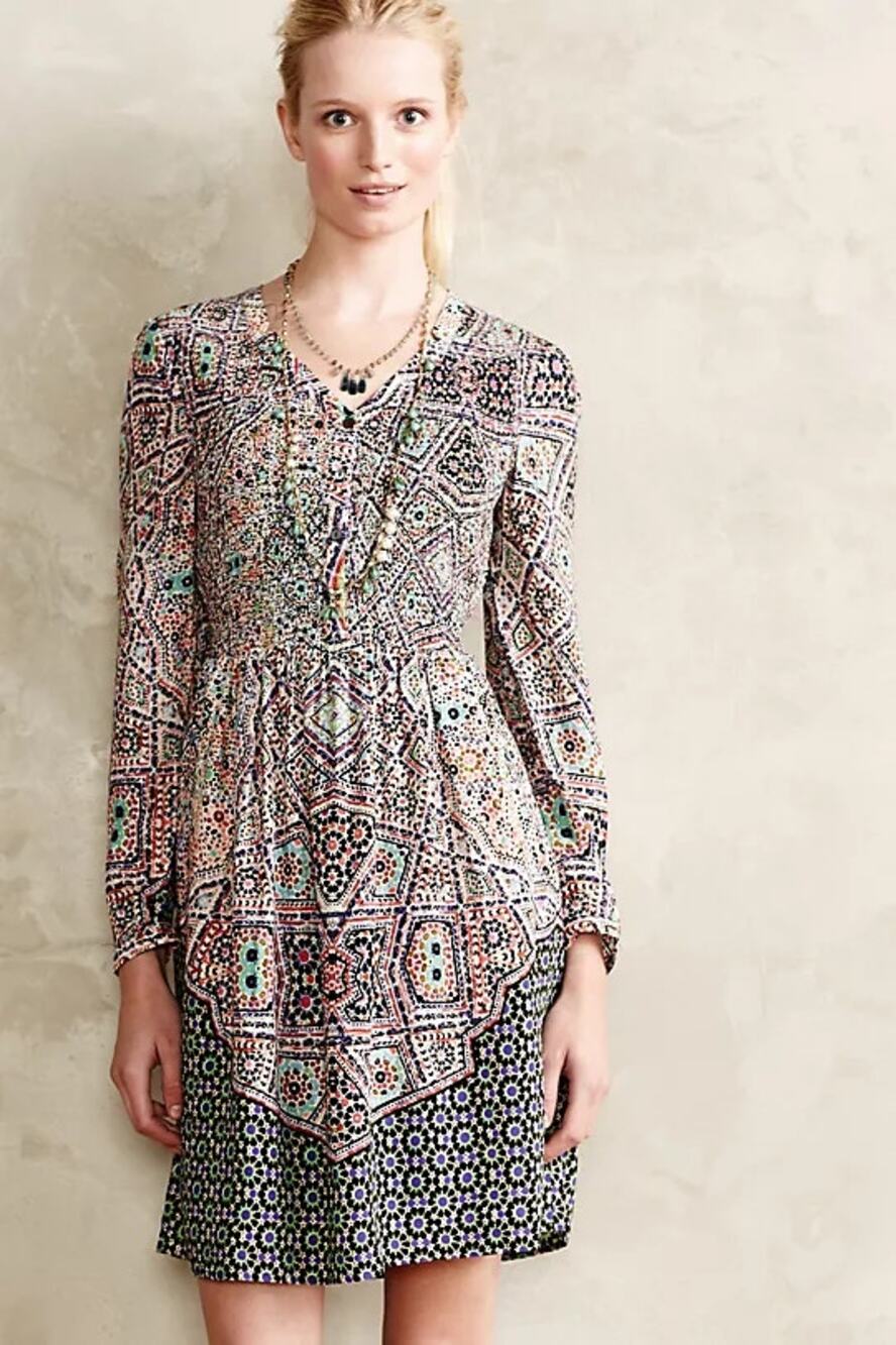 Anthropologie Tiled Amethyst Long Sleeve Geometric Smocked Mini A Line Dress S